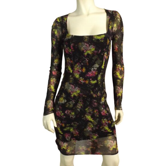 JEAN PAUL GAULTIER Soleil Dress, L, Mesh, Raw Cuffs, Black/Green/Pink Floral - Picture 1 of 12